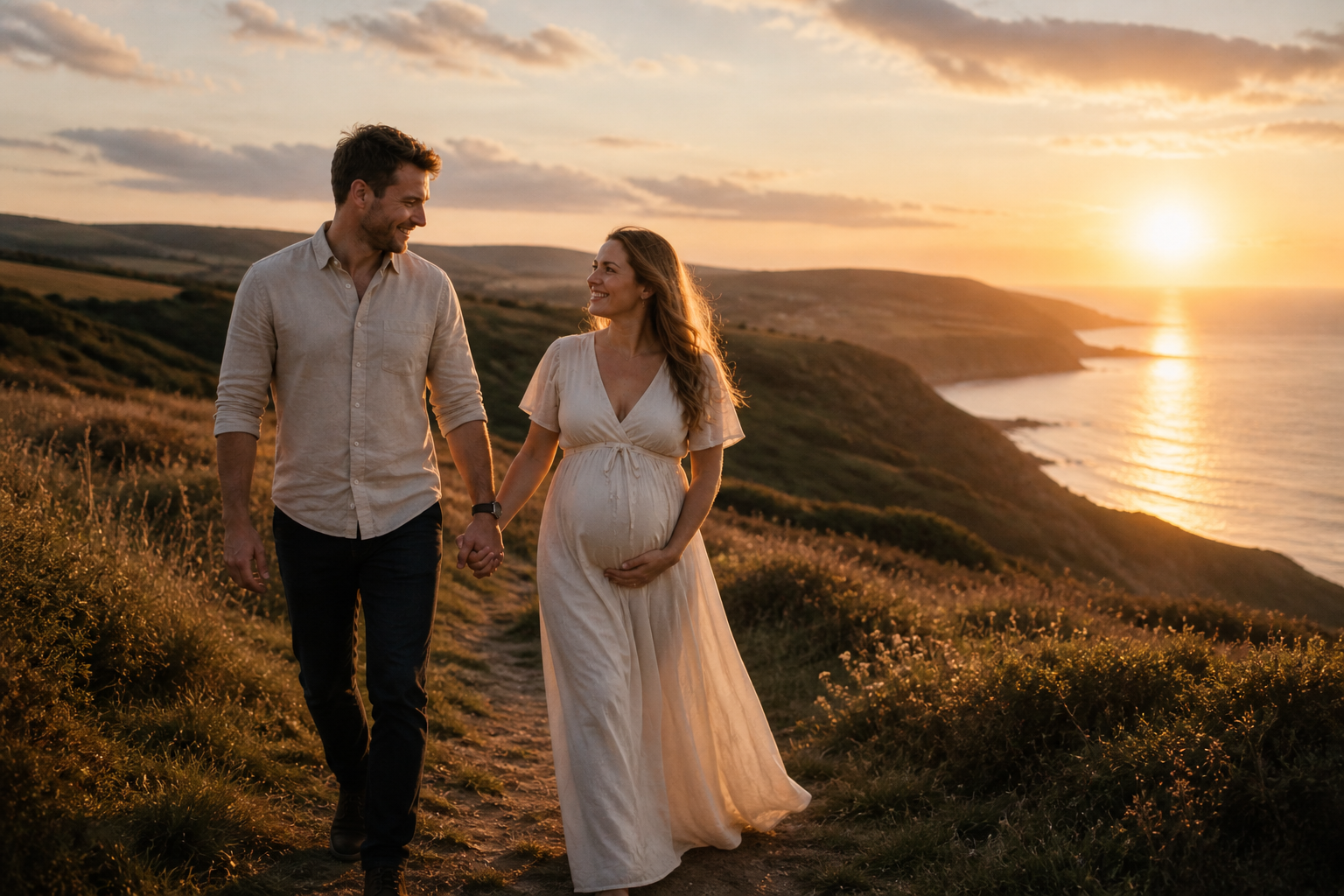 Best time for a maternity photoshoot: pregnant couple walking outdoors at sunset