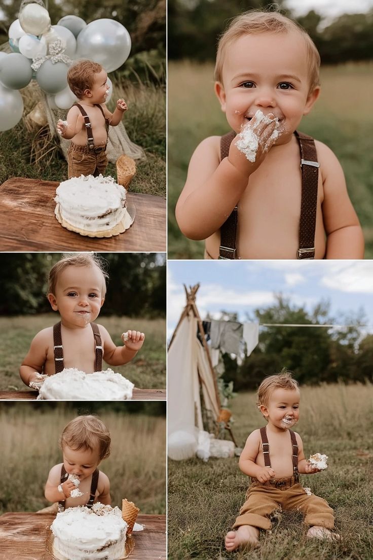 Toddler enjoying a cake smash photoshoot outdoors for his first birthday