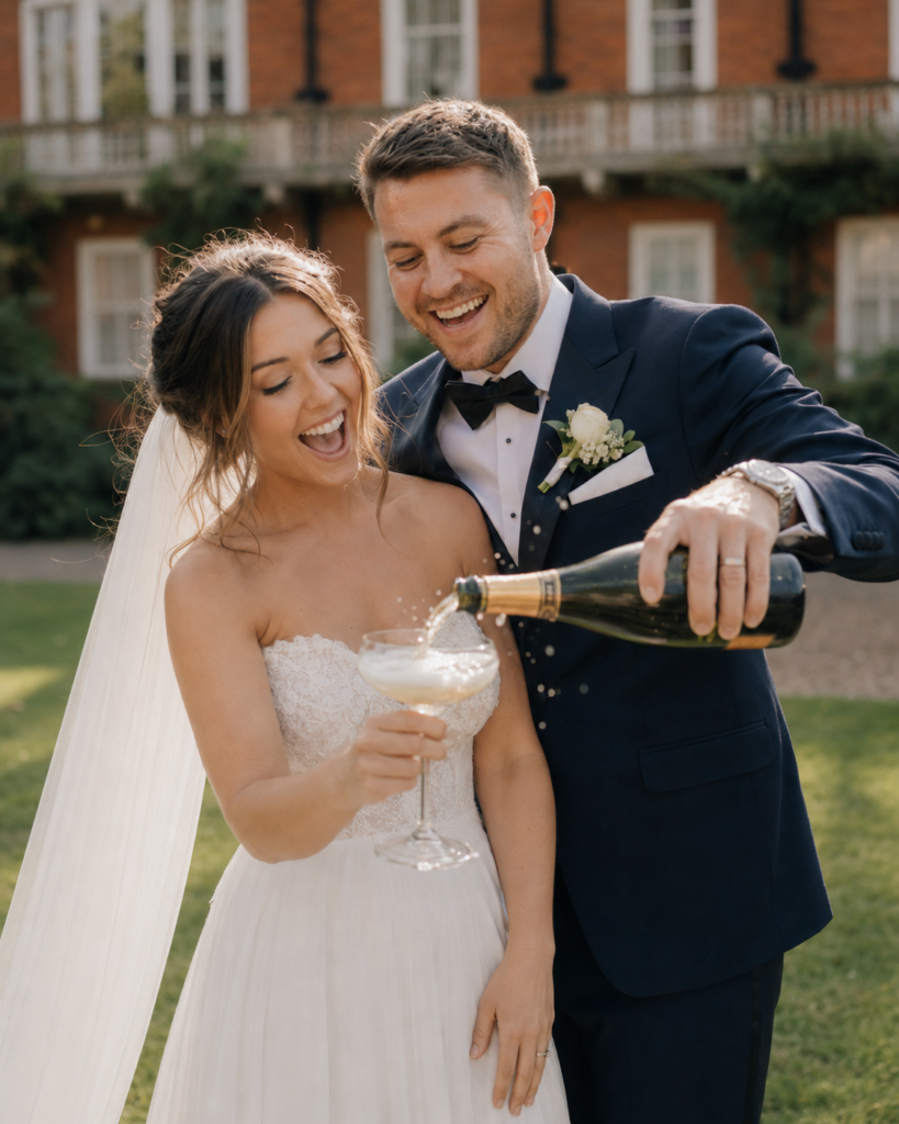 Bride and groom laughing together during a champagne toast at their wedding