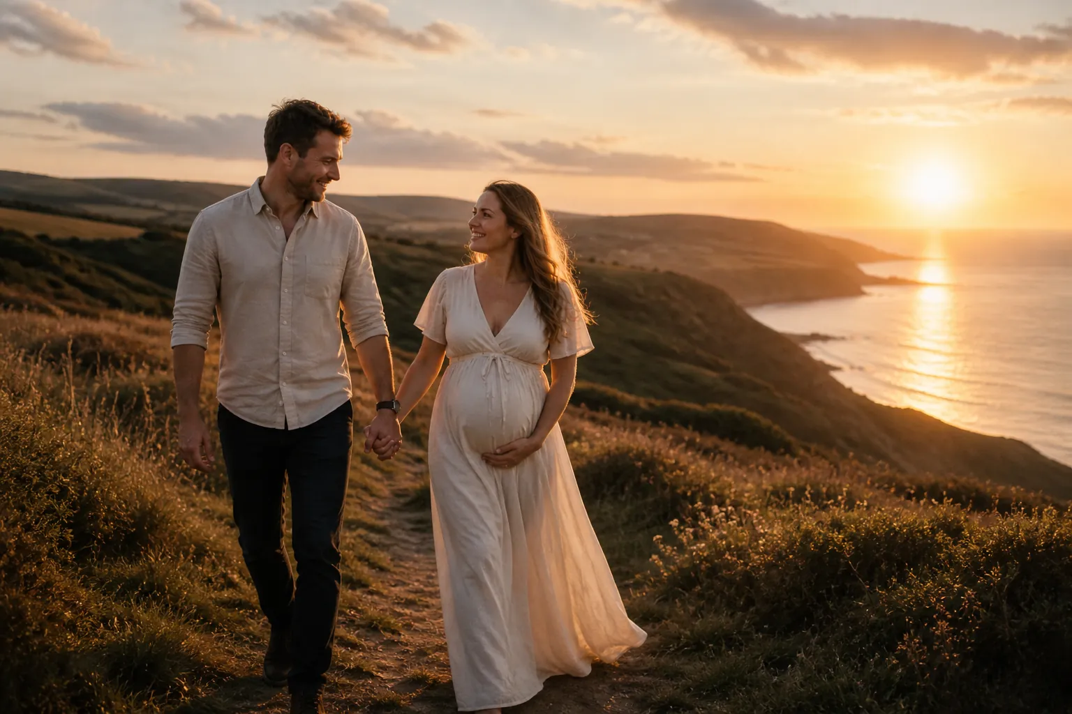 Pregnant woman and partner walking hand in hand along a coastal path at sunset during a maternity session