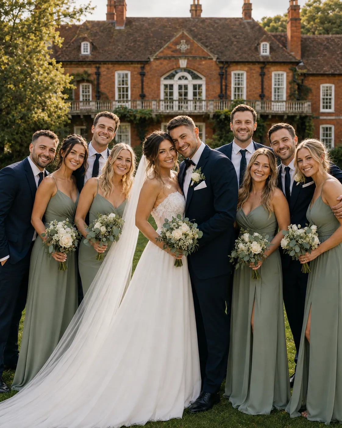 Wedding party group photo in front of a grand red brick manor house