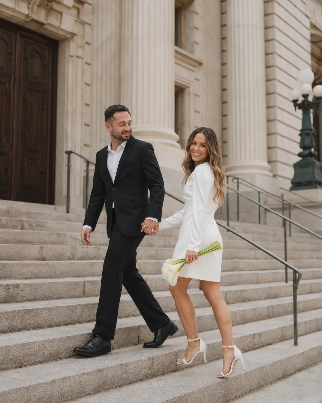 Bride and groom walking down courthouse steps after their elopement