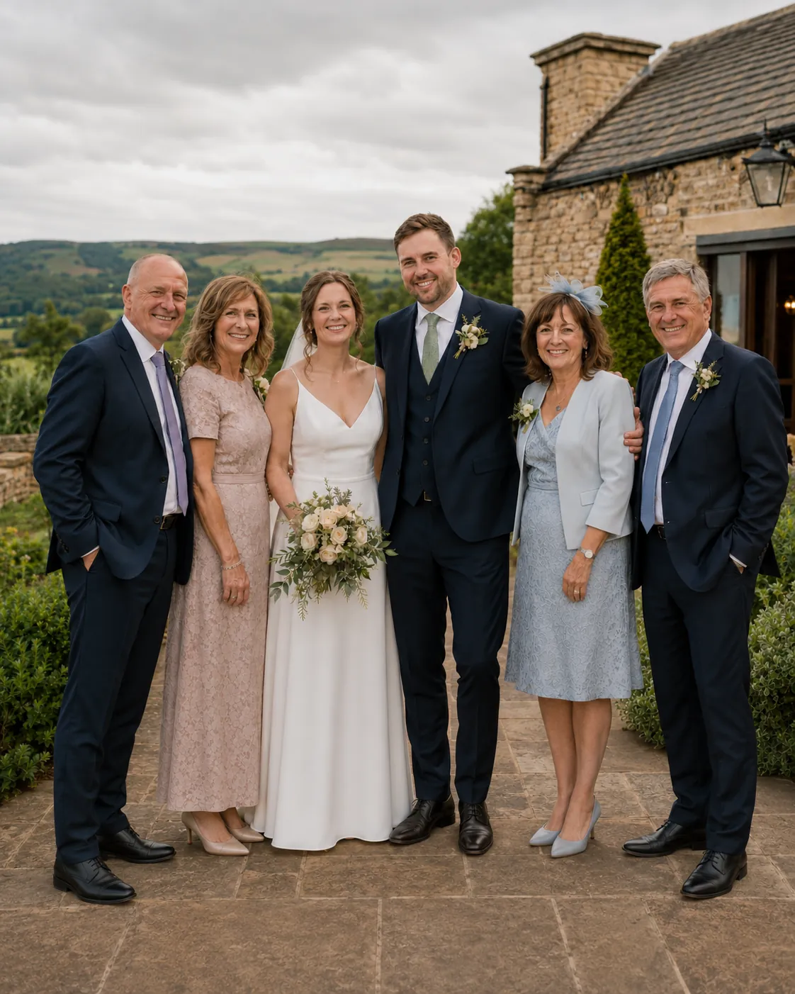 Bride and groom with their parents outside a Yorkshire stone wedding venue