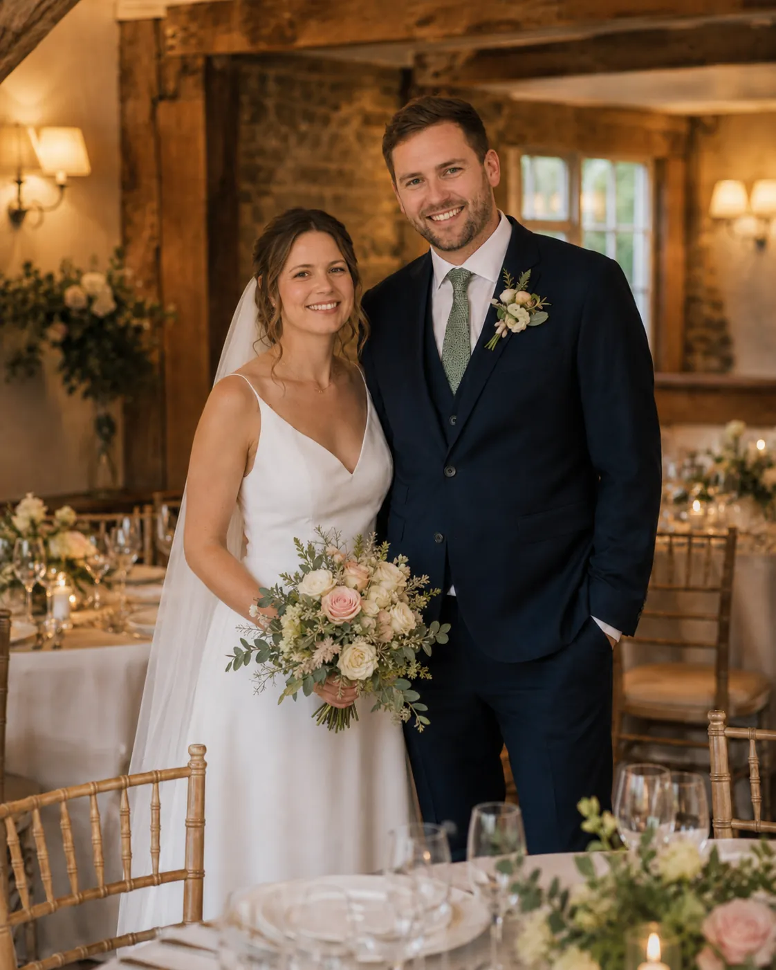 Bride and groom portrait inside a rustic barn wedding reception
