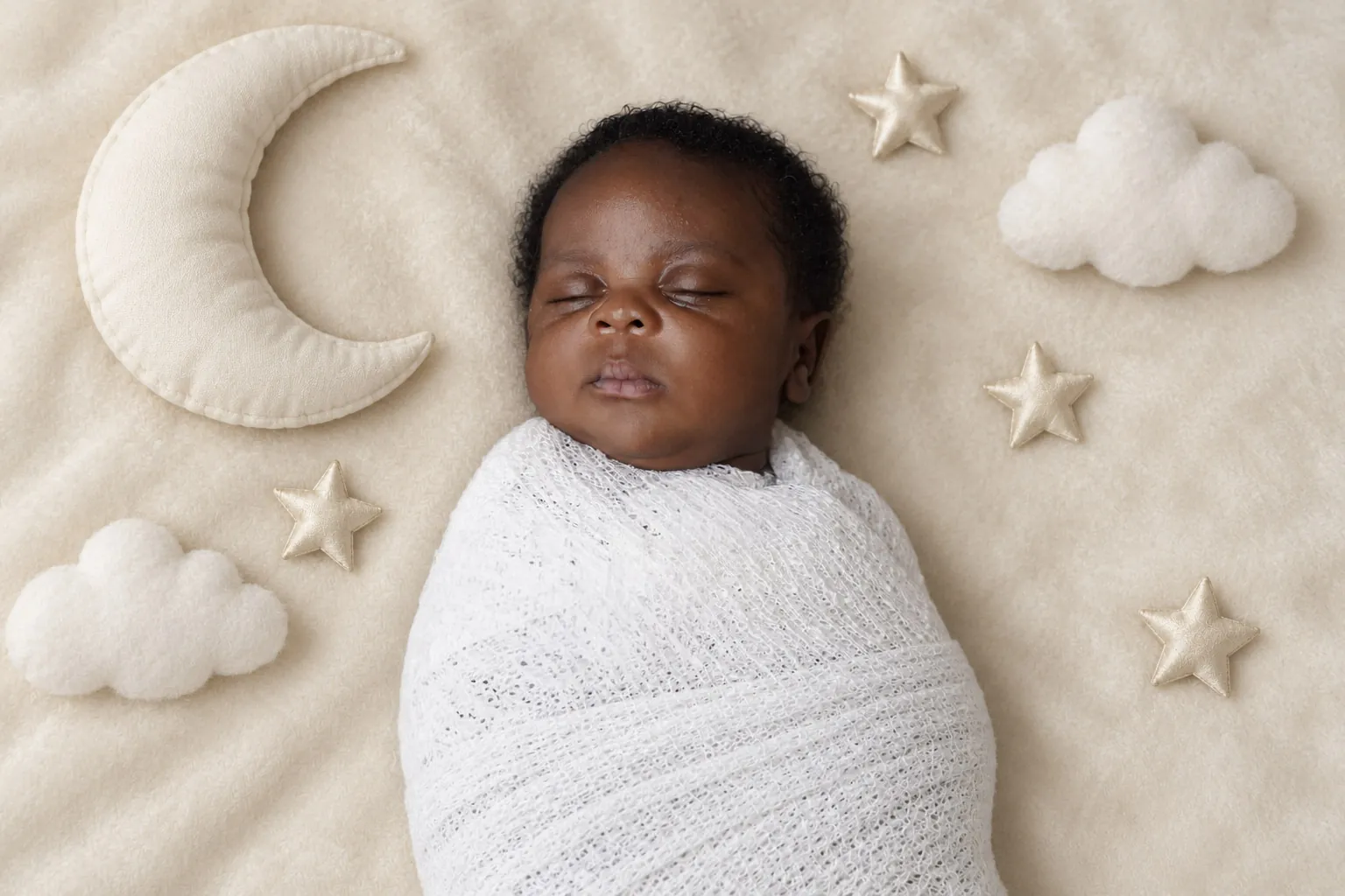 Sleepy newborn baby wrapped in a white swaddle with moon and star props during a newborn photography session