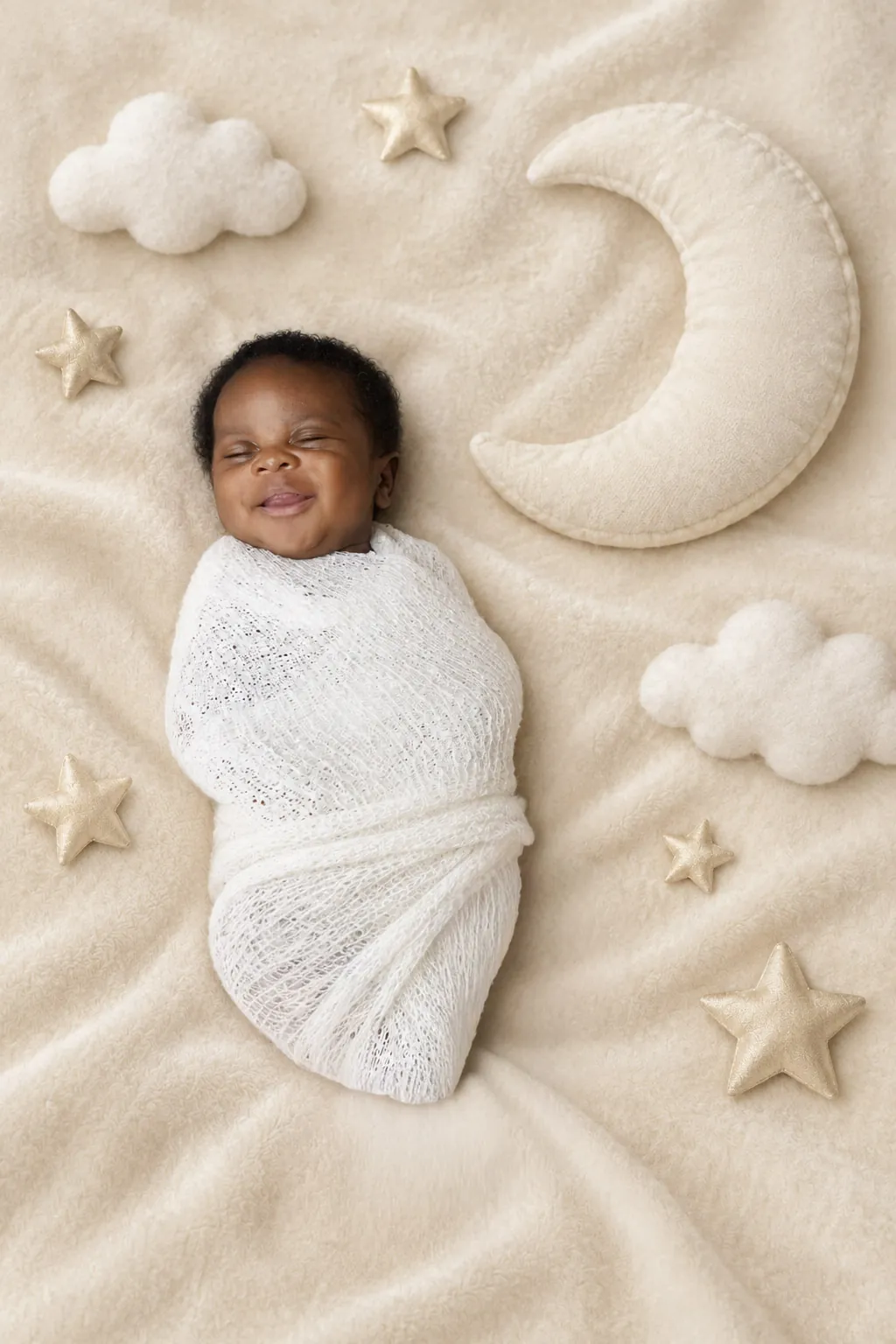 Smiling newborn baby swaddled in white wrap beside moon, cloud and star props